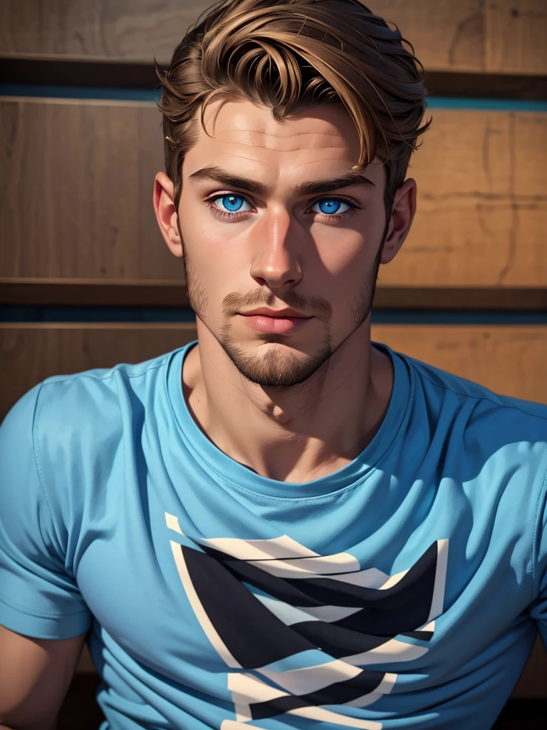 (dark blond young boy), (blue colored eyes), (Caucasian skin), (close no rosto) (thin goatee), (social t-shirt), (italian)