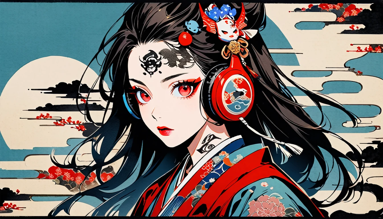 (((Ink Painting))), Fashion portrait color photos, (((1 girl))), (((Tattoo in the center of the forehead))), (((Very flashy hair accessories))), (((Very flashy makeup))), Japanese style headphones, Japan人の美女, Black Hair, Delicate and precise, Modern ukiyo-e style, Demon Possession, Red eyes, Japan, Japanese flag, Red and blue background