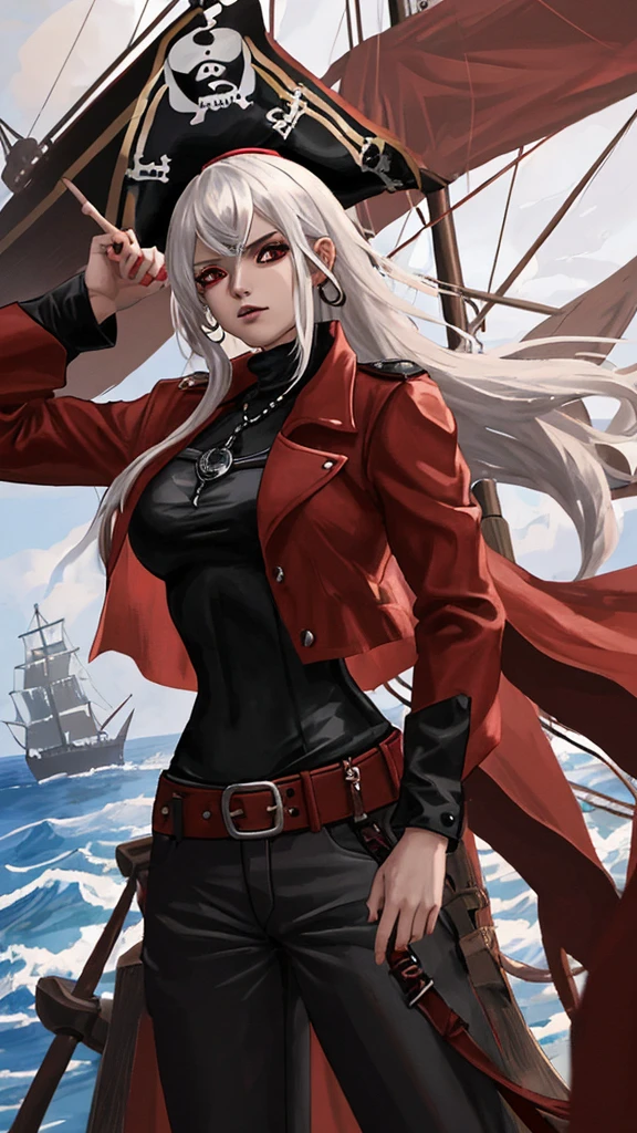 Female pirate, age 25, has a red jacket on the outside and a black shirt on the inside and wears black and white pants. The background is that the pirate ship called the Black Pearl is at sea.