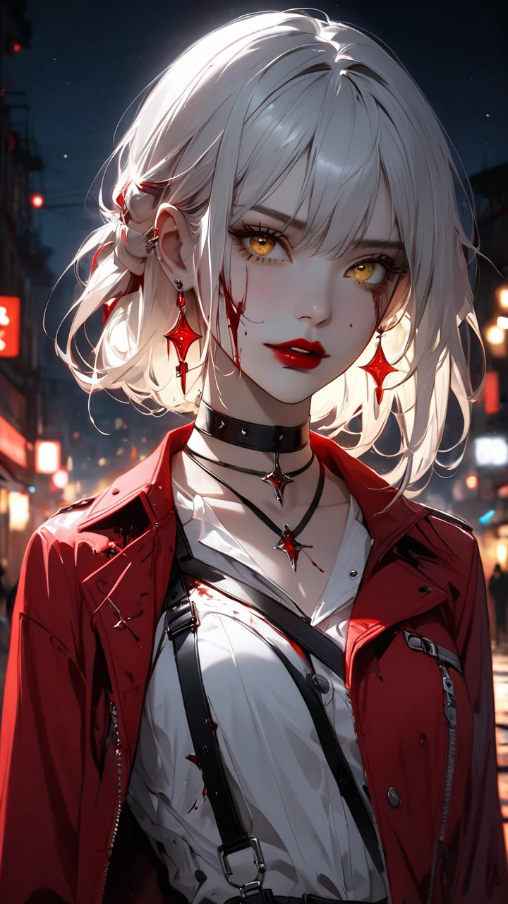 best quality, super_delicate, beautiful, 8k,red jacket, earrings, choker, concept, night, blood on face1:3, red eyes, harness, red lips white shirt, yellow eyes