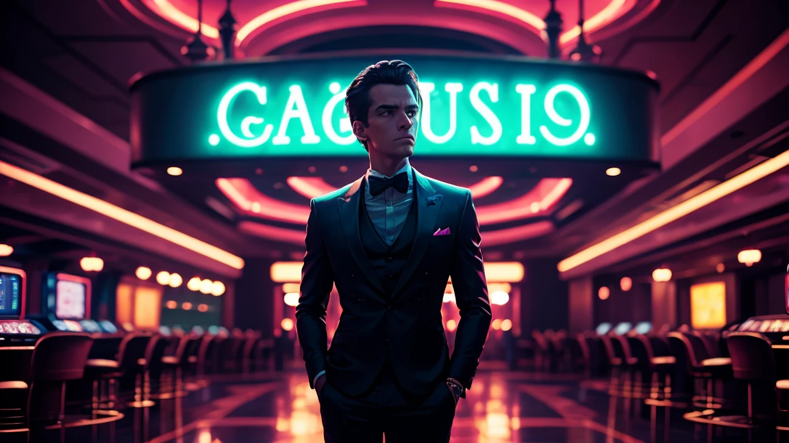 dark, casino background, neon light, promoted, luxury, blurry, written: casino