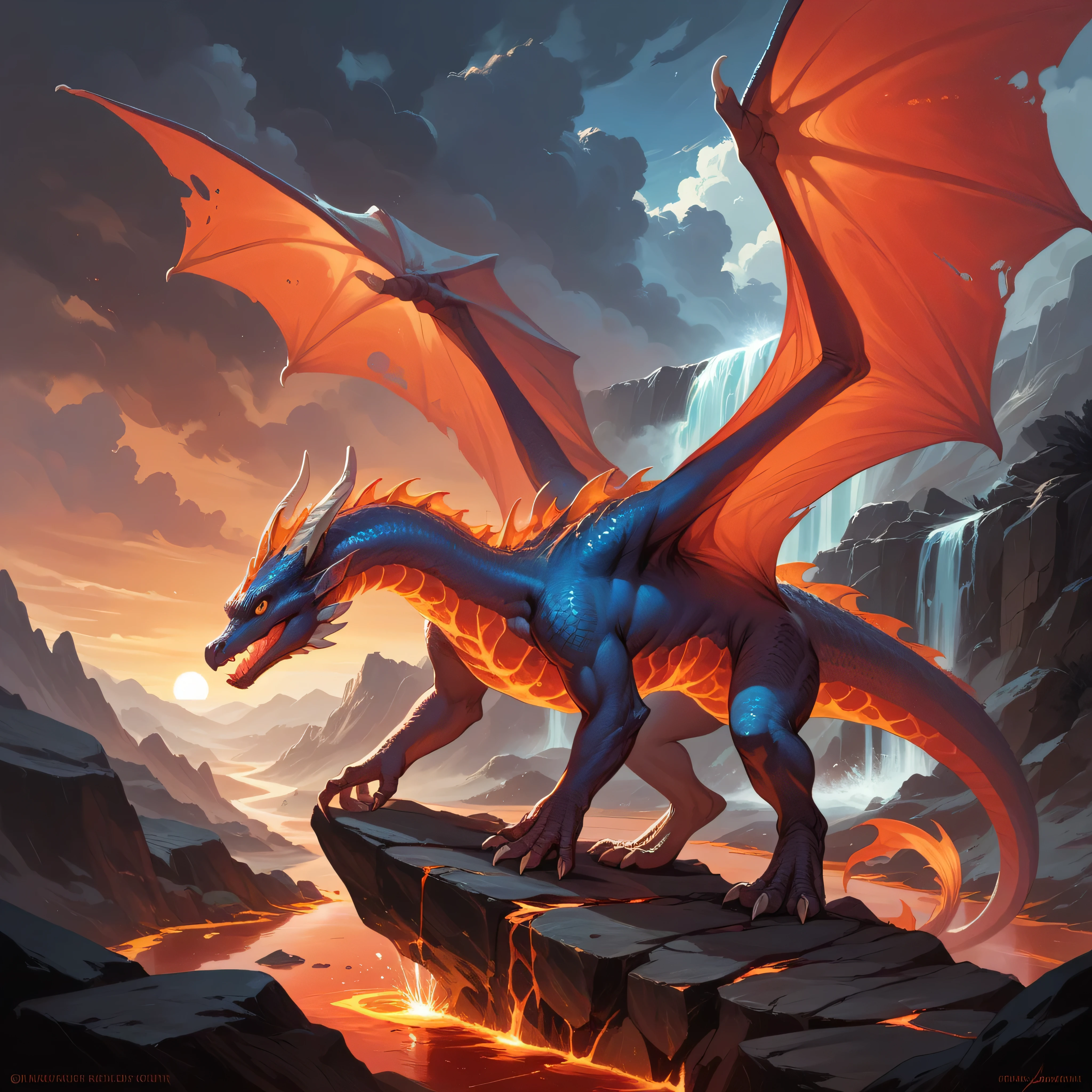 (A European dragon with 2 wings standing on a rocky ledge ), solo, lava waterfall, dust cloud red sun, BREAK, mystical creature, realistic, ultra detailed, dynamic pose, moonlit night, detailed mountain wasteland background, rocks in the foreground