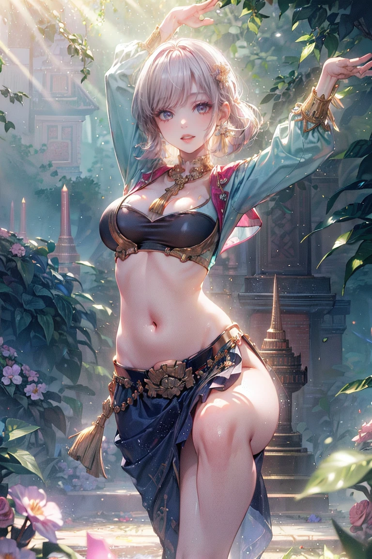 (Masterpiece:1.5), (((High qualityสุด, best quality, High quality))), ((There are complicated details., Very detailed, Crazy details)), height, 32K, Extremely detailed CG 8K unity wallpaper., (beautiful and beautiful:1.2),, (depth of field:1.3), (Flawless.:1.3), (Delicate depiction of details:1.4),
(((Abundant natural light, Delightful bright colors))), (Ambient volumetric backlight:1.5),  (Illustration of an extremely beautiful young woman:1.3),
, (perfect center:1.4), (Natural willow pose:1.5), (((dynamic gesture, movie corner))),
(1milf:1.5), (alone:1.4),
beautiful beautiful face, [(detailed face:1.2):0.2], Bright eyes, pureerosface_Version 1, ulzzang-6500-Version 1.1,  (gag:1.5), (red lips:1.4), (full lips:1.4), (smile:1.3),
Flawless attractive body, (((The feminine curves are pronounced.))), Skin glows brightly., realistic skin, hair follicles, (((Tightening belly, navel, Groin:1.3))),
(((Golden thread flutters.))), (Fringed tassels:1.3), (Tight long sleeves:1.4), (Single neck), (The production shines.:1.5), (Elegant and intricate clothing accessories:1.5), (Embroidery work decorated with gems:1.4), (sparkling clothes:1.4), (sparkling particles:1.3), (((The front seam is sagging., Sagging back seam))), (((earring, armband, Hair clips, hair accessories))), (Stand alone in a magical outdoor garden decorated with gems and colorful exotic flowers and shrubs.:1.5), (Outside the great ancient palace:1.5), visible chest,, big breasts,Show your breasts,The cracks are clear....,((big tits))，(pubic bone), rift, visible chest,seductive pose,I see bulging nipples.,(((large areolae:1.4,pink,The nipples are clearly visible.......))),((((((ขับnavel,dance,dance,Thai dance))))),(2 young women)