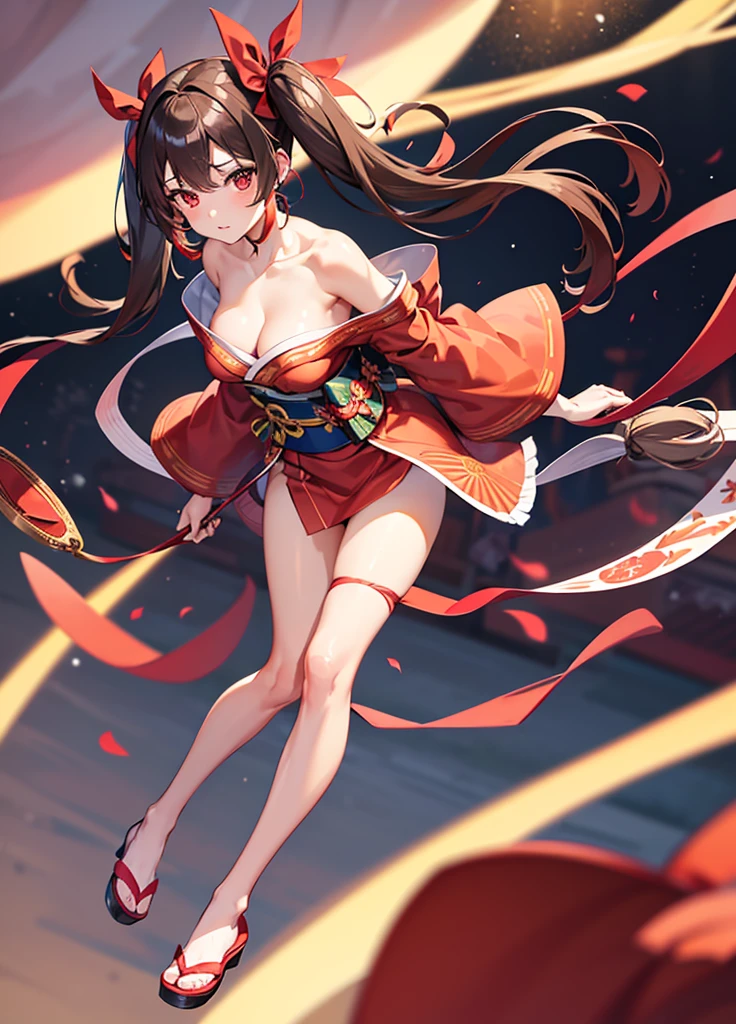 1girl, solo, long hair, breasts, looking at viewer, bangs, brown hair, hair ornament, red eyes, ribbon, holding, cleavage, bare shoulders, twintails, full body, japanese clothes, shoes, barefoot, kimono, blurry, red ribbon, sash, mask, floating hair, obi, pink ribbon, shoes removed, single shoe