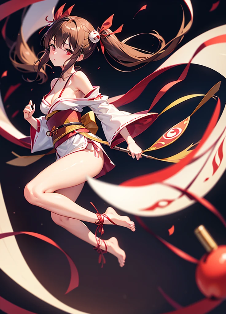 1girl, solo, long hair, breasts, looking at viewer, bangs, brown hair, hair ornament, red eyes, ribbon, holding, cleavage, bare shoulders, twintails, full body, japanese clothes, shoes, barefoot, kimono, blurry, red ribbon, sash, mask, floating hair, obi, pink ribbon, shoes removed, single shoe