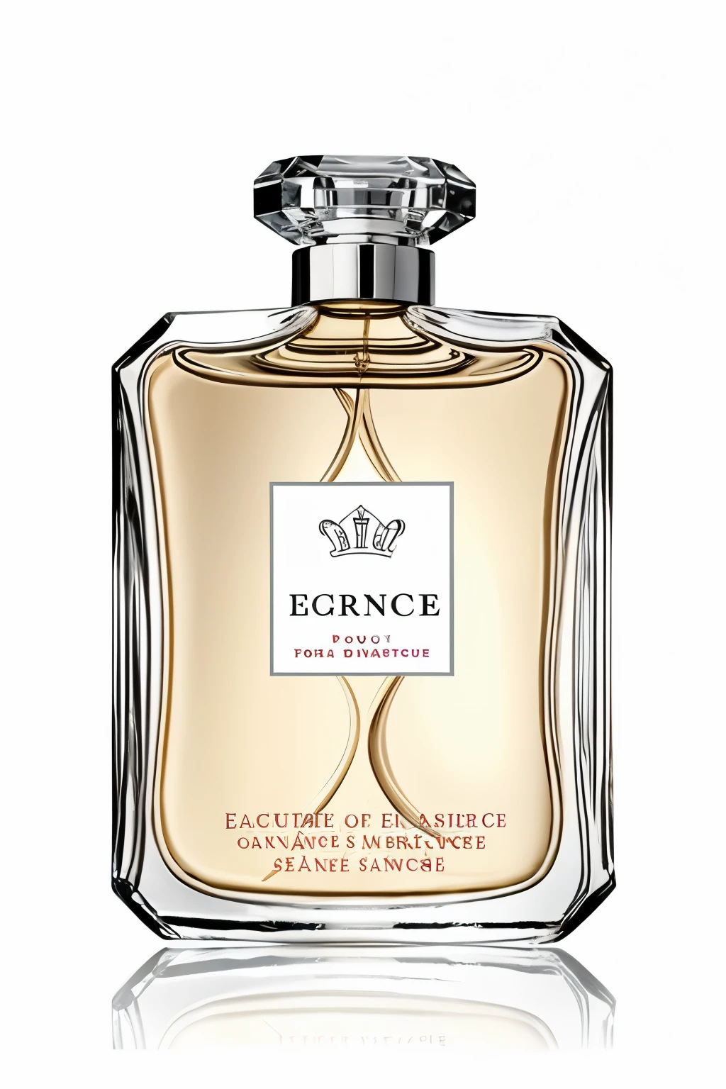 create unique perfume bottle and name "Essence of Elegant Fragrance" is embossed on bottle picture for advertisement and promotion with white background