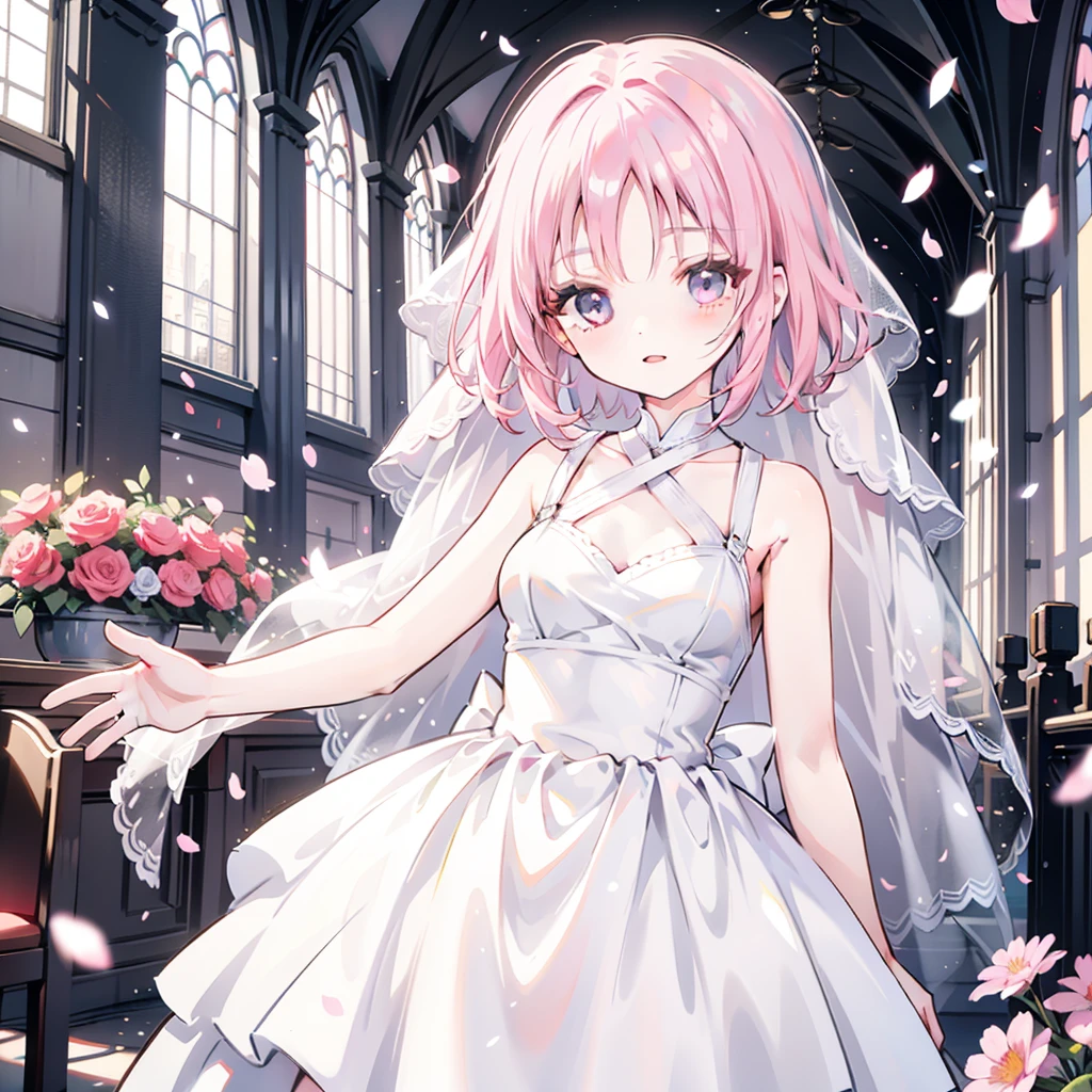 Sakura Haruno, ((Solitary)), Solitary, bride, Wearing a white wedding dress, Queen, Happy, ((The forehead is exposed)), permanent, Entering the church, Pink Hair, short hair, Beautifully, young, short hair, Delicate face, HD, ((whole body)), (The flowers around her), whole body, she is a beautiful woman getting married, face with high quality, beautiful, shining