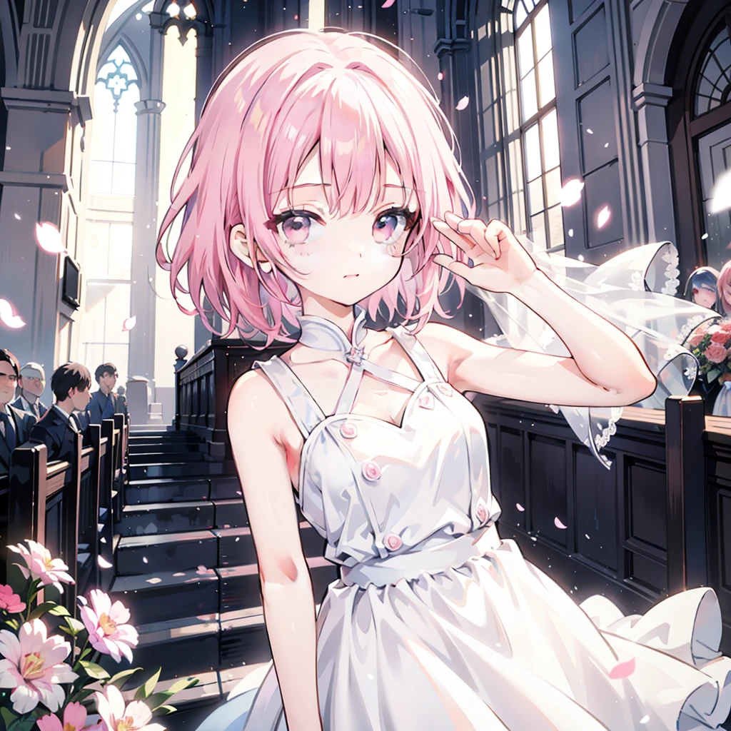 Sakura Haruno, ((Solitary)), Solitary, bride, Wearing a white wedding dress, Queen, Happy, ((The forehead is exposed)), permanent, Entering the church, Pink Hair, short hair, Beautifully, young, short hair, Delicate face, HD, ((whole body)), (The flowers around her), whole body, she is a beautiful woman getting married, face with high quality, beautiful, shining
