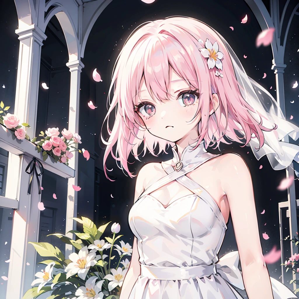 Sakura Haruno, ((Solitary)), Solitary, bride, Wearing a white wedding dress, Queen, Happy, ((The forehead is exposed)), permanent, Entering the church, Pink Hair, short hair, Beautifully, young, short hair, Delicate face, HD, ((whole body)), (The flowers around her), whole body, she is a beautiful woman getting married, face with high quality, beautiful, shining