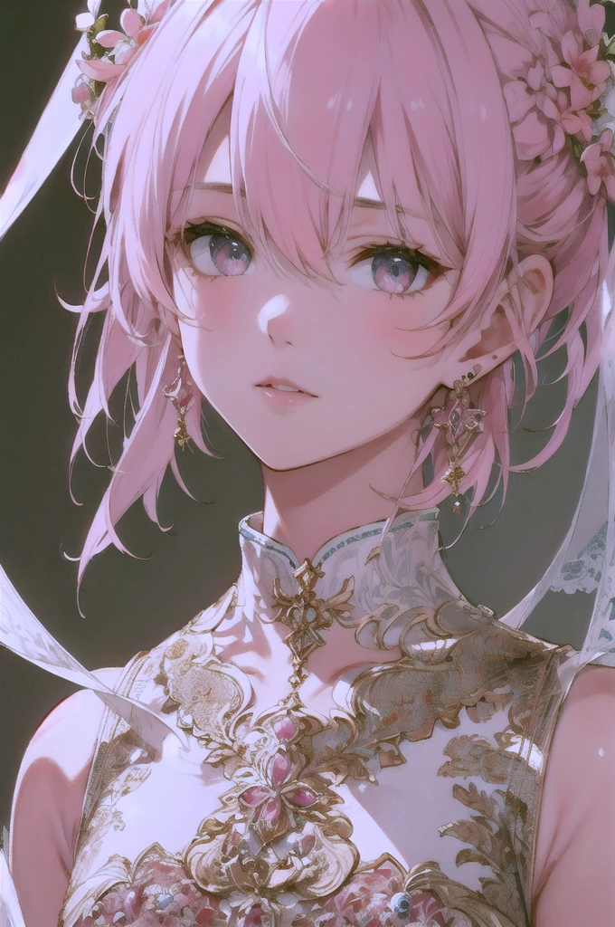 Highest quality, Ultra-high resolution, Beautiful face in every detail, masterpiece, beauty, Precision, Detailed illustrations,Pink short hair,Lots of earrings,Facing forward and resting one's chin on one's hand,Baby Face,Nihilistic smile,White shirt