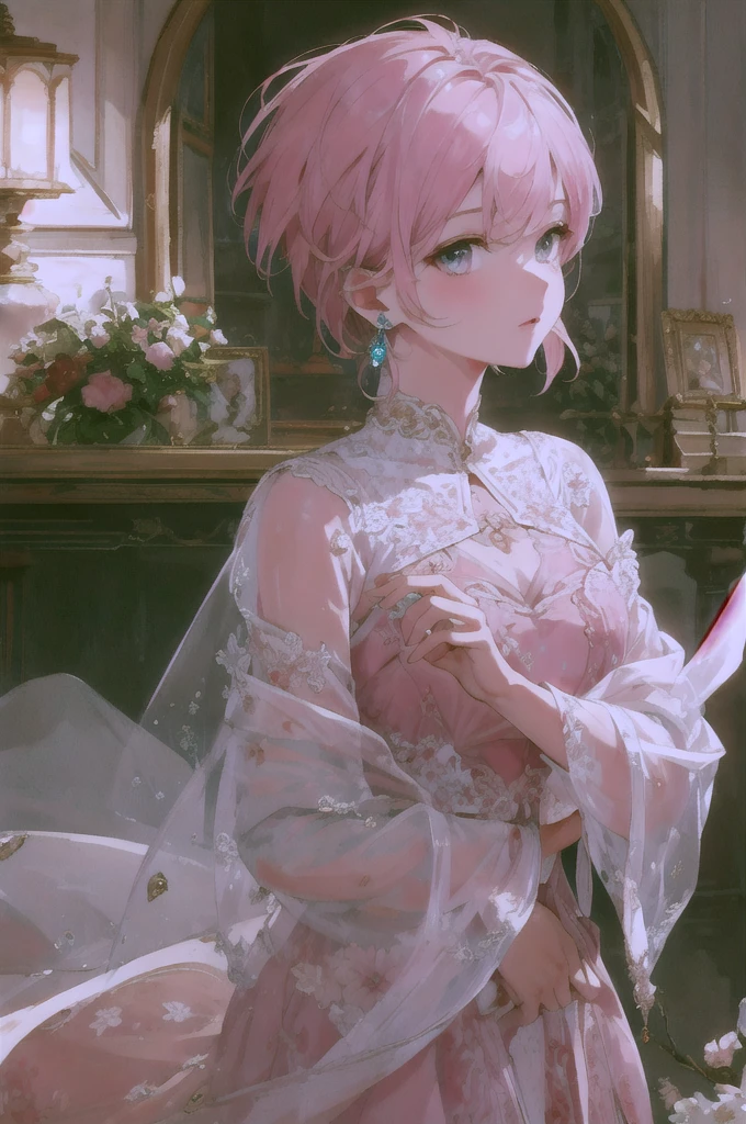 Highest quality, Ultra-high resolution, Beautiful face in every detail, masterpiece， beauty， Precision， Detailed illustrations，Pink short hair，Lots of earrings，Facing forward and resting one&#39;s chin on one&#39;s hand，Baby Face，Nihilistic smile，White shirt