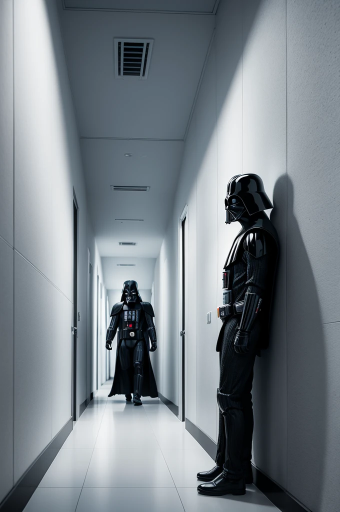 comic book art drawing of a suspense image of Darth Vader, He is in a hallway with bright white walls, corner on the wall is rounded, Detailed Features, immersive environments