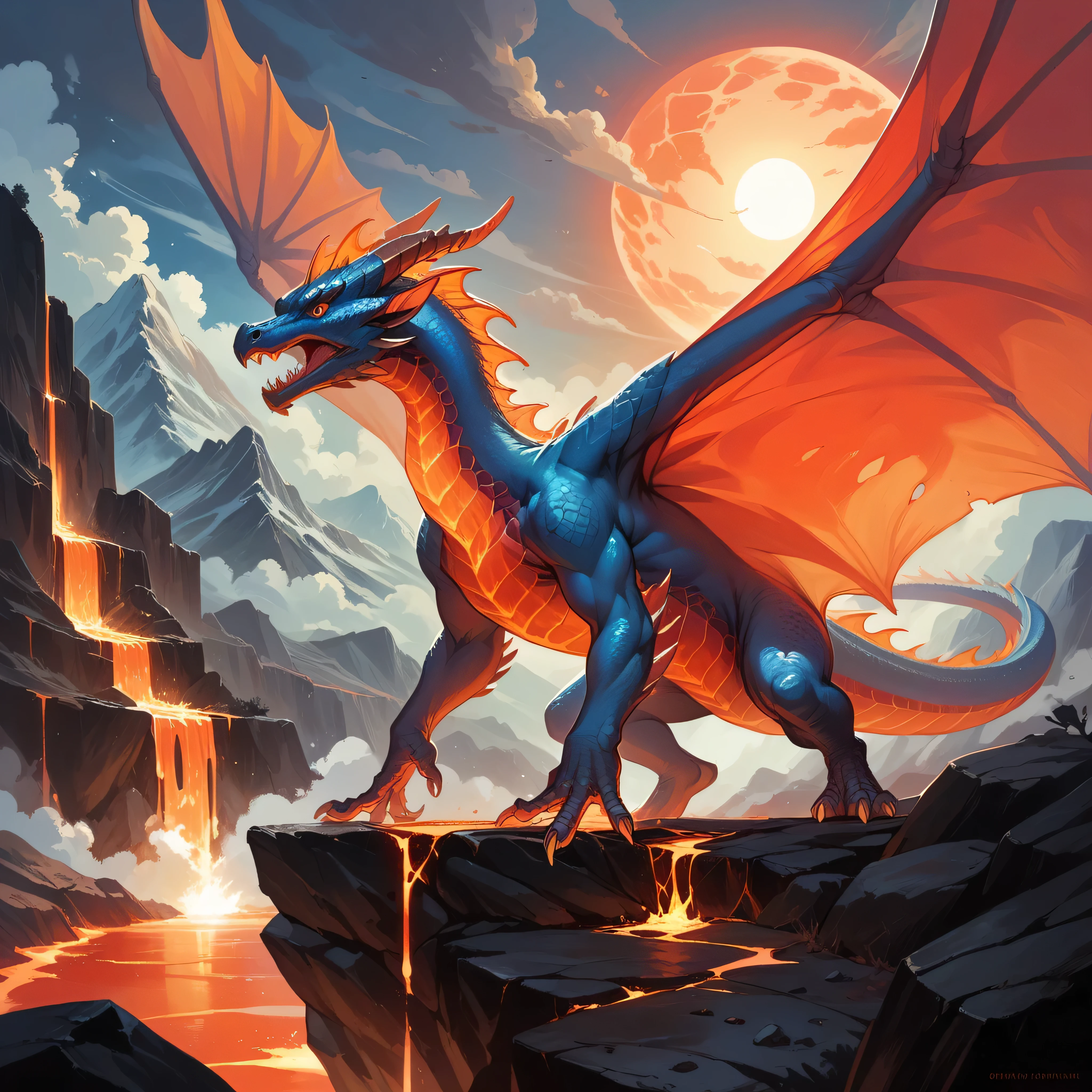 (A European dragon with 2 wings standing on a rocky ledge ), solo, lava waterfall, dust cloud red sun, BREAK, mystical creature, realistic, ultra detailed, dynamic pose, moonlit night, detailed mountain wasteland background, rocks in the foreground