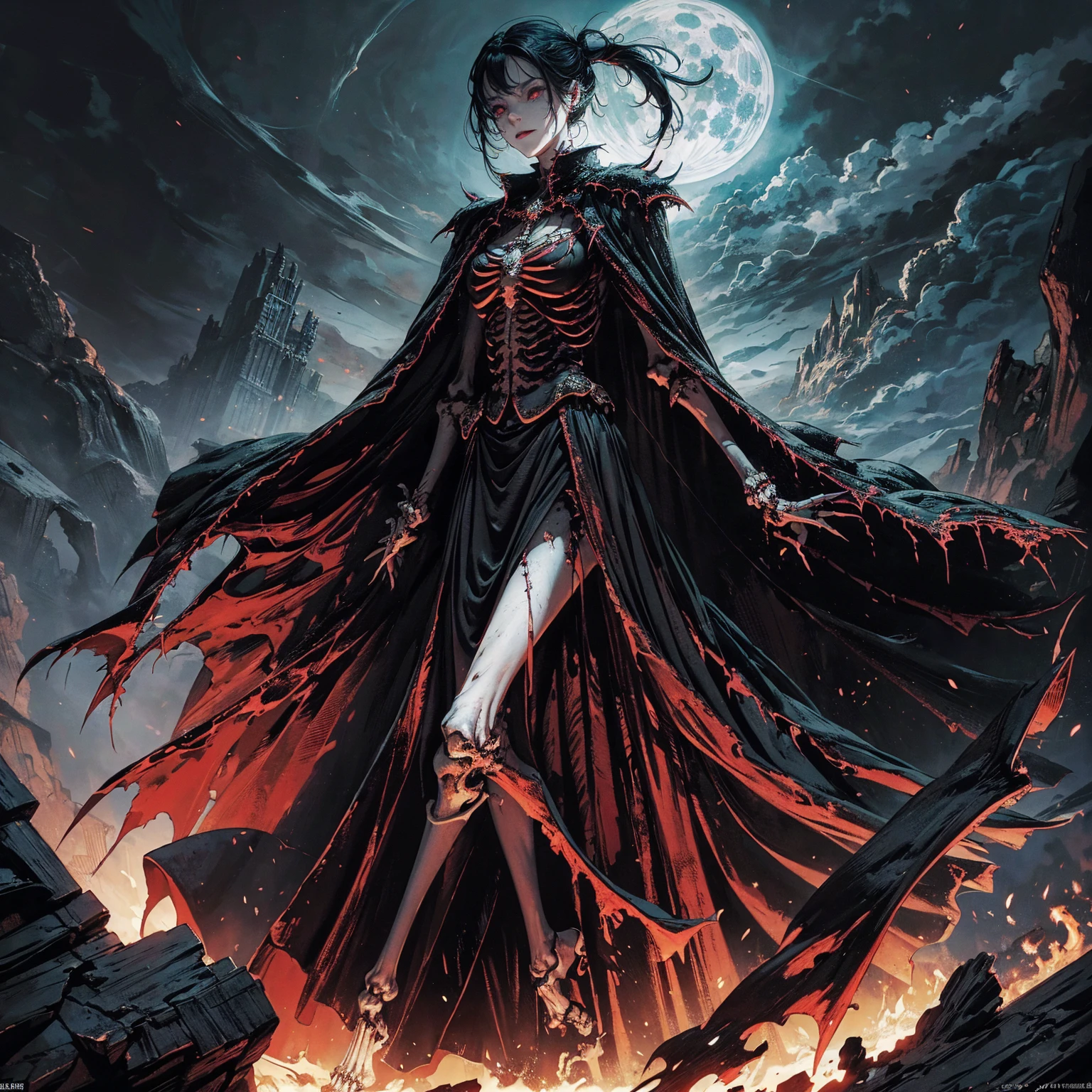 full-body shot, wide-angle lens, upward shot, best quality, 4K, high resolution, masterpiece, Very detailed, Mood lighting, An undead girl in a long cape, Whole body including hands & arms & legs & feet are all skeleton bones but except the head is still beautiful human face, Wearing a ragged gothic skirt, Aloofness emotion, Dangerous sneer, Beautiful but sad smile, Black Hair, Standing, Facing the camera, Crucified, Pitch black sky, Blood-red moon, strange atmosphere, Gothic style, Unforgettable beauty, Dramatic shadows, Ethereal Light, Mysterious atmosphere.