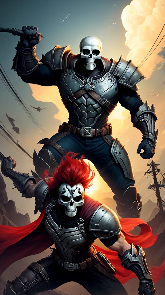 Olor, girlish, furia, Darksiders3, dynamic  pose, Intricate pattern, metal pesado, Power lines, anonymous, Ojos blancos brillantes, Pelo largo y rojo, wind blew hair, elegante, intenso, El atuendo es mayormente negro, con acentos rojos y negros, ((heavy armor with skull details)),Fury wields a whip, solo, desierto, soleado,Dramatic lighting, (Obra maestra:1.2), La mejor calidad, High resolution, Hermoso detalle, extremadamente detallado, perfect ilumination