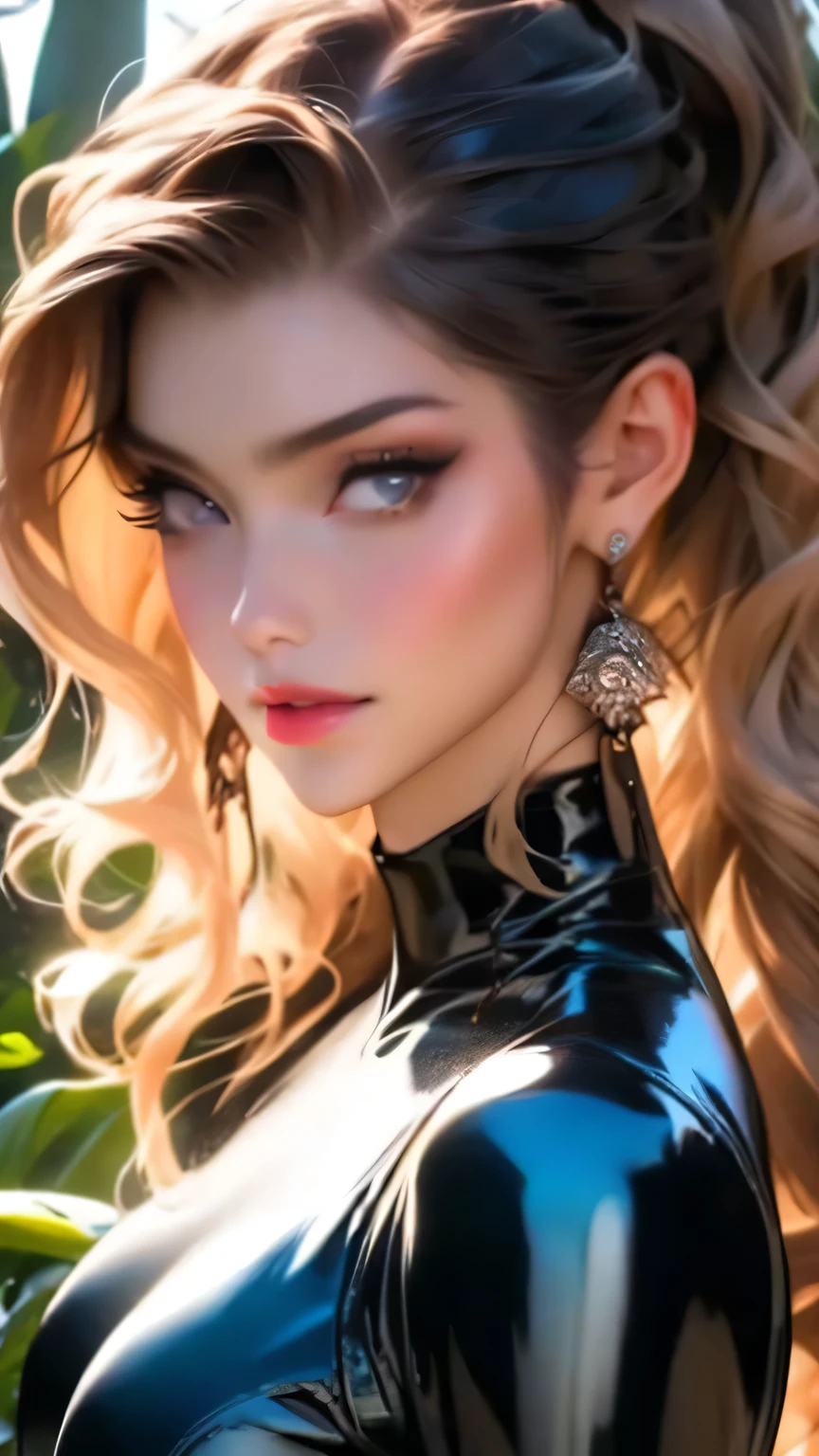 Beautiful woman with good style, (Black latex leotard), detailed, 8k、detailedな顔, detailedな体, detailedな髪, detailedな目で、(Long Wavy Hair:ponytail)、masterpiece, 最high quality, high quality, High resolution, (Jungle Background), (((Face close-up)))､Face close-up