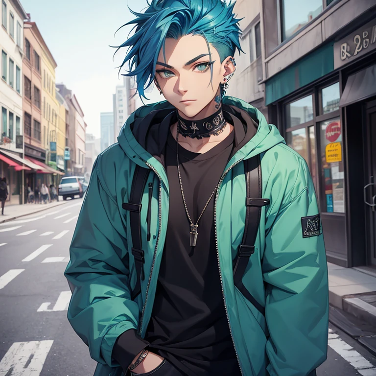 Young man, Blue hair in a wolf cut, green eyes, handsome, piercings, street style clothes