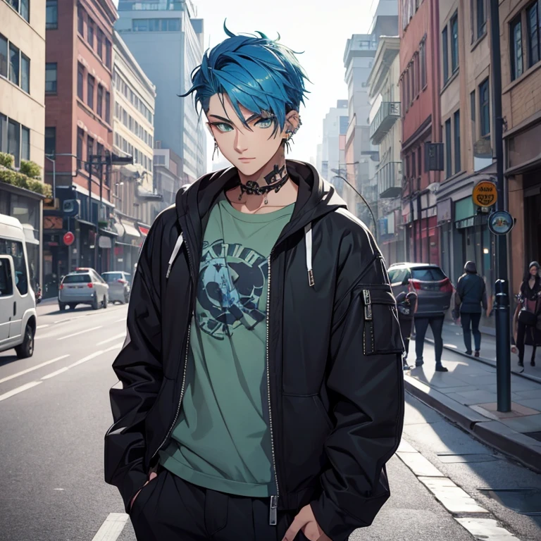 Young man, Blue hair in a wolf cut, green eyes, handsome, piercings, street style clothes