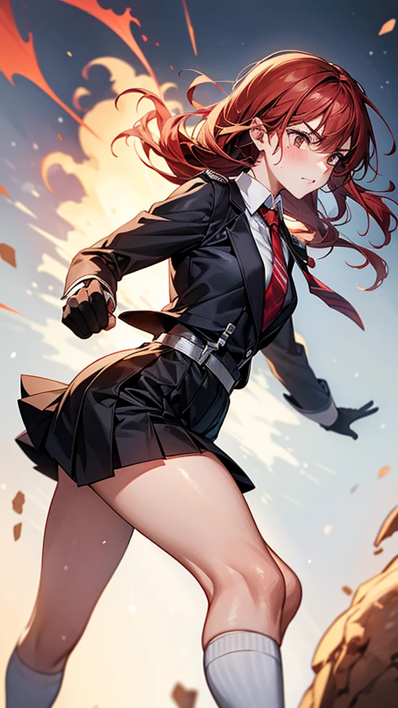 Cowboy Shot,from side,Dynamic composition,{{masterpiece}}, {{{Highest quality}}},{{Very detailed}}{{{Mature woman punching with flaming fist}}},{{疲労でSweatをかいている成人女性}},Sweat,action,{{Blushing}},{{V-shaped eyebrows}},{{White Long sleeve mini skirt uniform}},{{suspenders}},{{{Fight}},{Forward tilt},Raise your hand,Shoot flames from your hands ,{{}},{{Eyelet foot}},,{{magic}},{{Fighting}},,Slender body}}{{Female police officer}},,White long-sleeved blouse,,suspenders ,Long sleeve mini skirt uniform, White High Socks,Black fingerless gloves, Long Red Hair, Red tie,Straight hair ,Blunt bangs,.amountn loafer,,blush,,,suffering,v-shaped eyebrows.,Sweat dripping,Medium chest ,