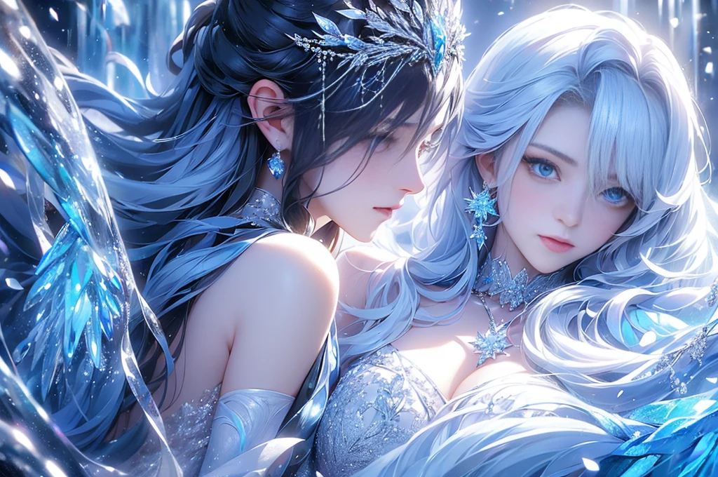 ((long shot:1.4)).wood, Exquisite mini ice spikes and crystals, Frozen waterfall in the background, Light reflected by ice crystals, Flowing snowflakes.1 girl, Beautiful woman、pretty girl,A realistic person,Beautiful cleavage,Dramatic composition
