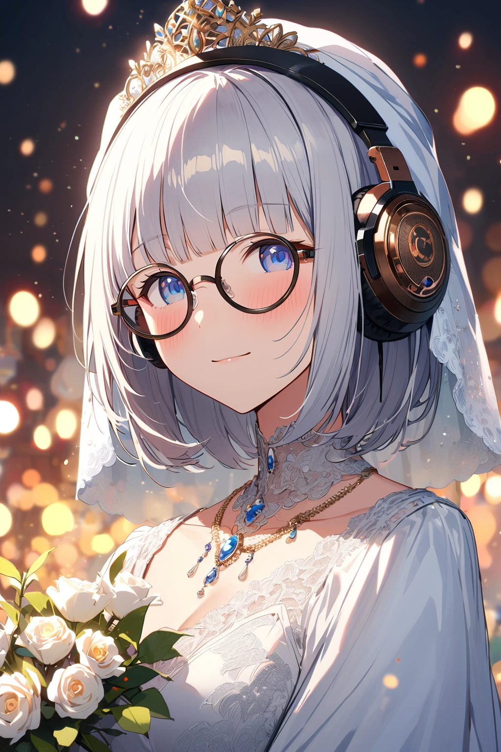 (extremely detailed fine touch:1.3), (((semi-rimless round eyewear:1.3))), (headphone:1.2), short hair, blunt bangs, glowing 1girl, 2.5d face, blush, light smile, open eyes, silver necklace, extremely detailed elegant wedding dress, extremely detailed veil, extremely detailed holding flower cape, extremely detailed elegant background
