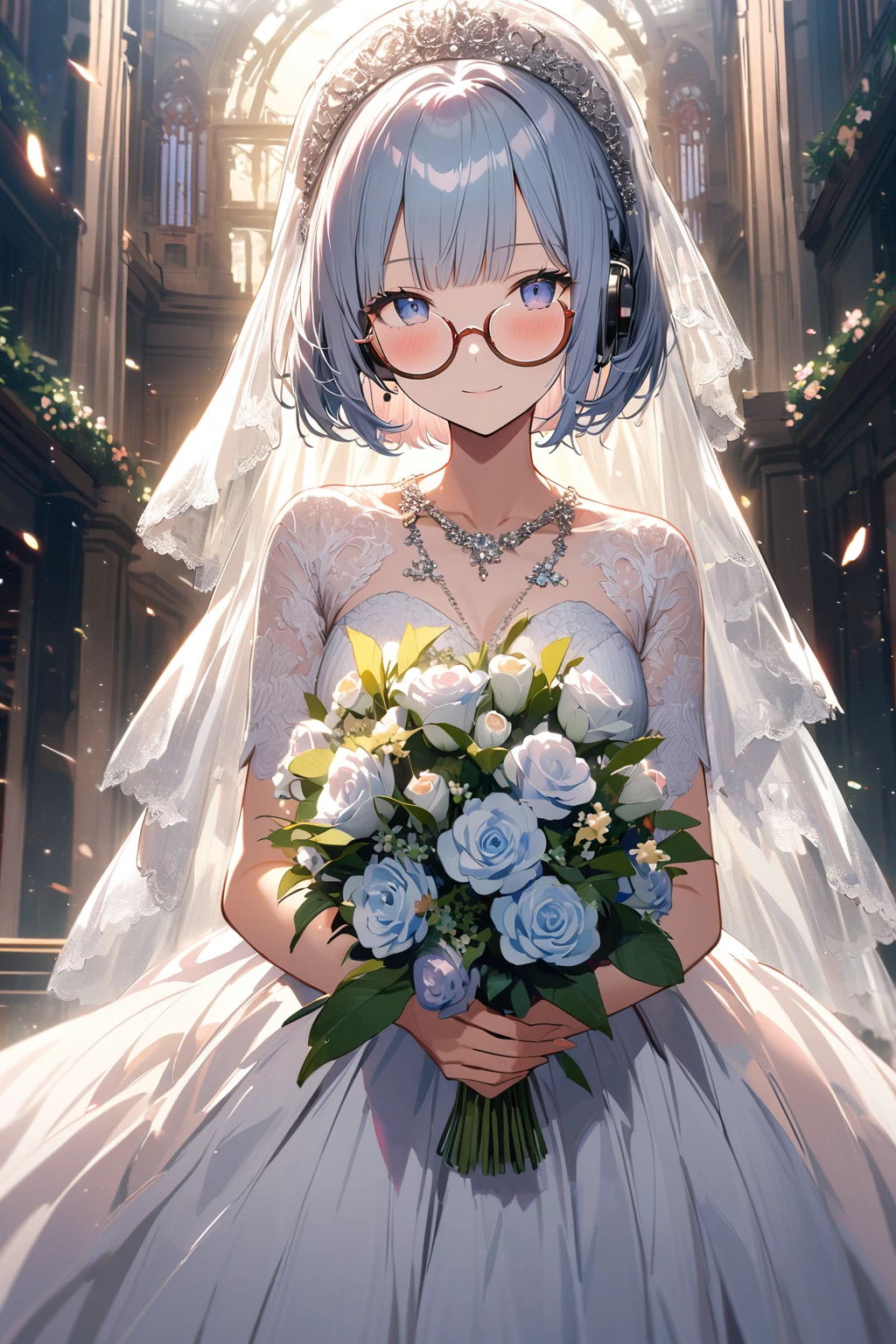 (extremely detailed fine touch:1.3), (((semi-rimless round eyewear:1.3))), (headphone:1.2), short hair, blunt bangs, glowing 1girl, 2.5d face, blush, light smile, open eyes, silver necklace, extremely detailed elegant wedding dress, extremely detailed veil, extremely detailed holding flower cape, extremely detailed elegant background