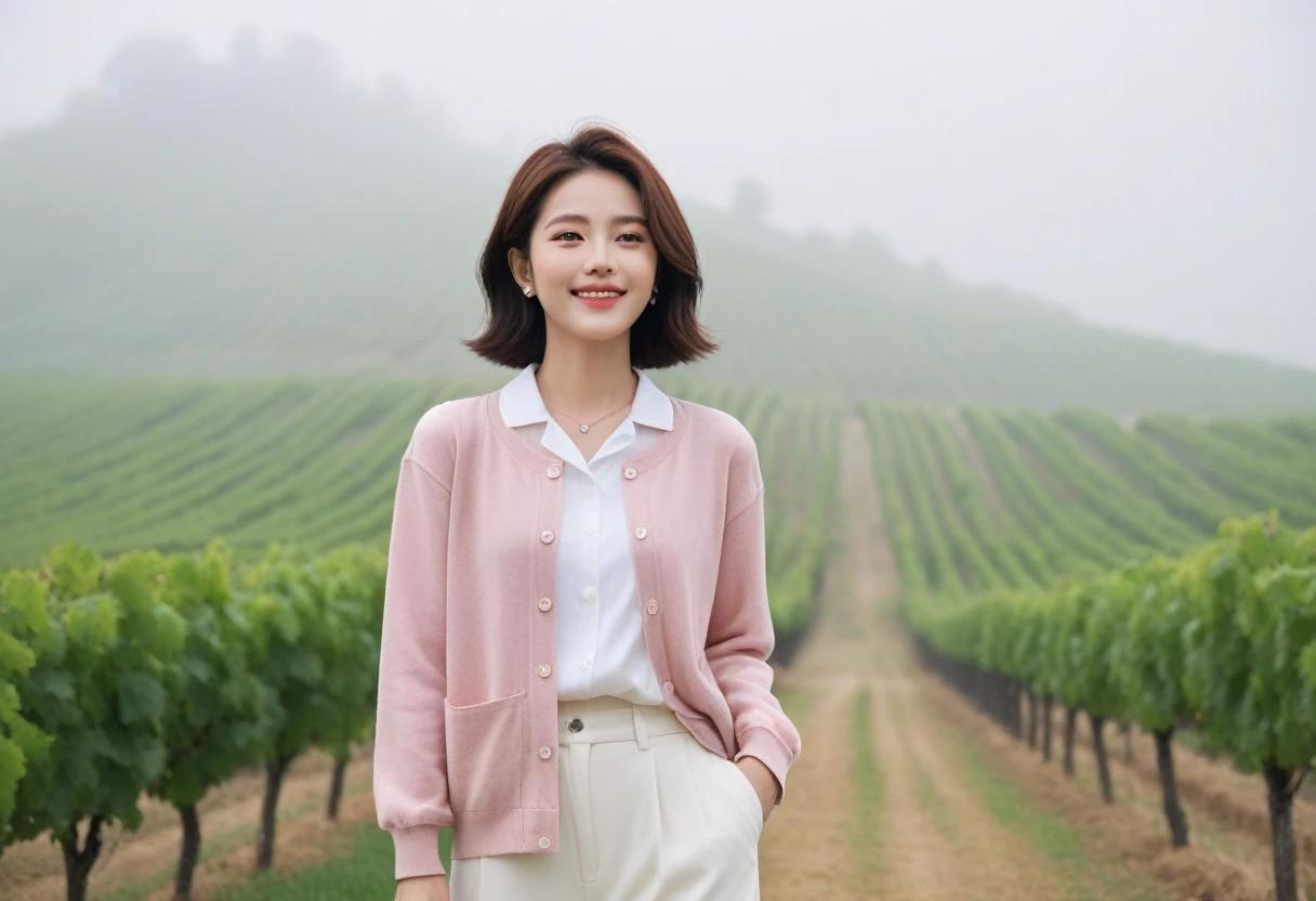 8k, ultra high resolution, best quality, masterpiece, 三分割法によるpicture,surreal, picture, 1 woman, (36 years old:1.3), Pretty Woman, Cute face, Beautiful Eyes in Every Detail, 細かくdetailedに,masterpiece,, a woman:1.2, Korean female announcer, Inspired by Son Ye-jin. whole body,young wife,Light pink collared shirt and short luxury brand cardigan, casual pants, Italian countryside vineyard road, foggy vineyard at dawn, A cathedral can be seen in the distance in the fog., look up at the sky , Full of cleanliness,a relaxed smile,heal the heart, short medium hair,beauty,long neck、Smile a little、Please shut your mouth and smile、(((ideal body type))),A cup small breasts :2,、portrait:2、complete ???????、鮮明なdetailed、detailed、surreal, 캐논 16-35 광각렌즈 whole body샷, Show the pants part, Vivid picture quality, clearly, Walking along the path on the hill, whole body 보이게, Short hair