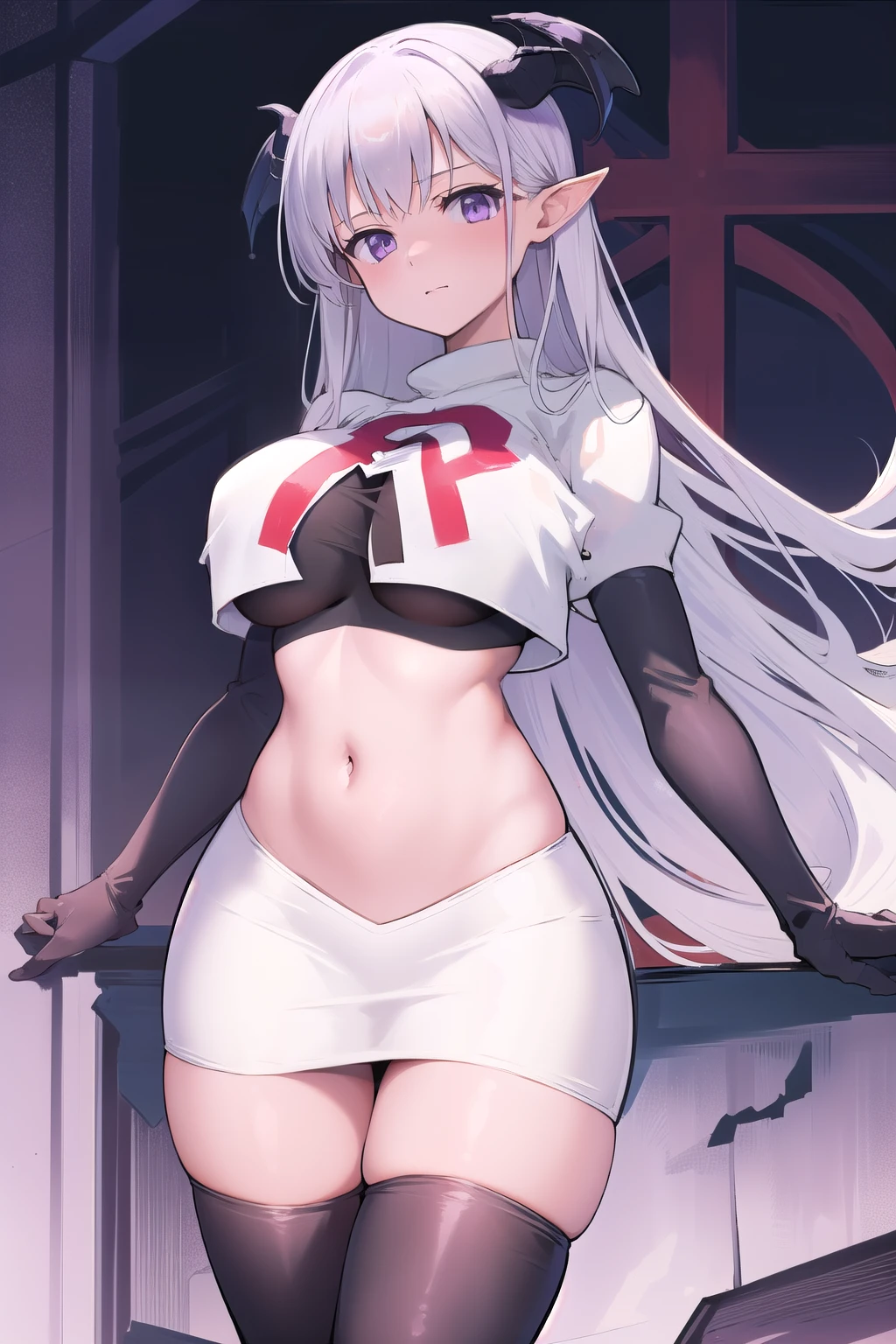 1girl,blue-purple eyes,large breasts,albionsuccubus,bat wings, team rocket,team rocket uniform,white skirt,red letter R,crop top,black thigh-highs,black elbow gloves
 