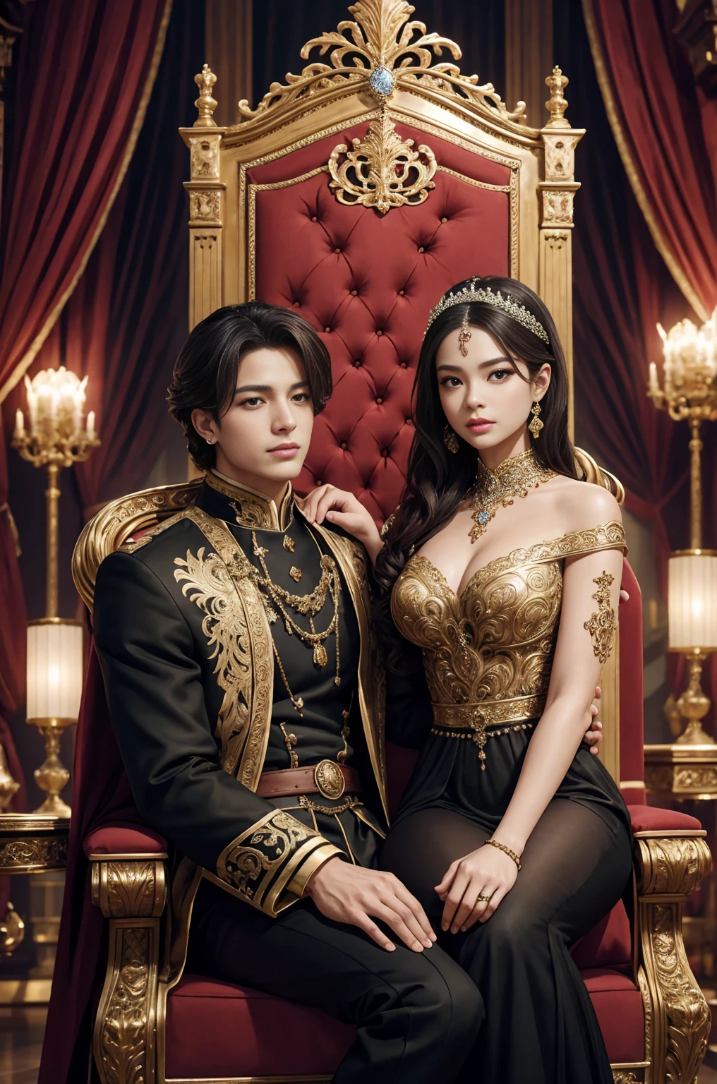 A handsome man sitting on the throne,A beautiful woman sat in his arms,Mediovale castle, handsome man, beautiful woman, couple, romance, elegant throne, dramatic lighting, intricate details, ornate decorations, warm colors, clair obscur, photorealistic, 8k, masterpiece, Medium far angle, looking at audience, ASİAN, Jennie and Jungkook, Mediovale