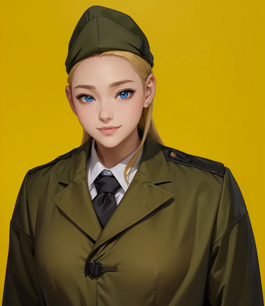 Female, (girls:1.5), (exceptional, best aesthetic, new, newest, best quality, anime, waifu:1.2), best quality, ultra detailed, absurdres, highres, colored, good anatomy, normal eyes, centered eyes, no cockeyed, no cross-eyes black hair, pretty smiling kind face, blonde hair, blue eyes, olive color soft hat, olive color coat, inside white shirt, black tie,