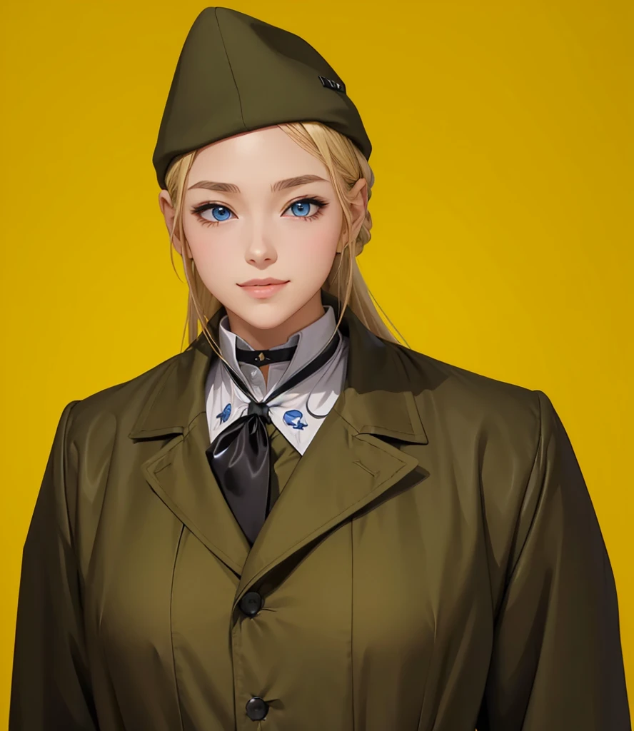 Female, (girls:1.5), (exceptional, best aesthetic, new, newest, best quality, anime, waifu:1.2), best quality, ultra detailed, absurdres, highres, colored, good anatomy, normal eyes, centered eyes, no cockeyed, no cross-eyes black hair, pretty smiling kind face, blonde hair, blue eyes, olive color soft hat, olive color coat, inside white shirt, black tie,