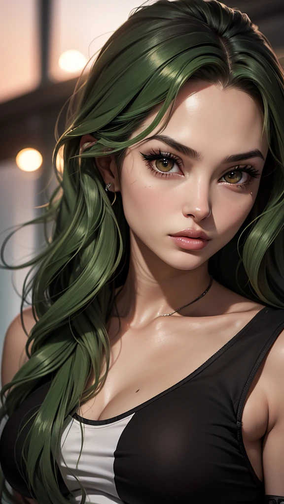 21 year old girl that has green wavy hair and looks like Angelina Jolie and Brad pitt's daughter but she's not hegemonically beautiful she might look pretty to some but not all, also give her high cheekbones, a rather round but sharp face, brown eyes and dark skin