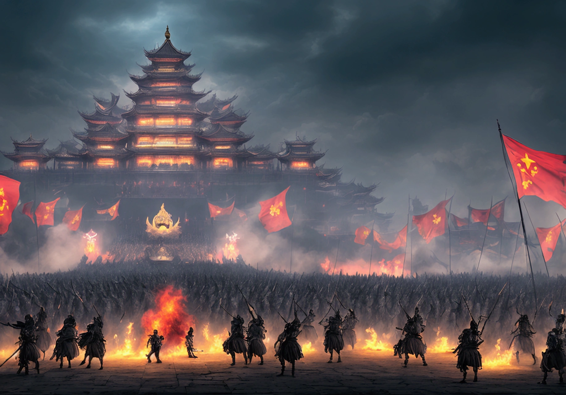 Chaotic and disorderly,extreme wide long shot,【countless chinese Soldiers fighting with a giant budda god】,and flags,glowing Soul army,Tang Dynasty,in the style of ethereal symbolism, silver and azure,vibrant stage backdrops,dark death atmosphere,Gloomy,inspired,creepy old ,faint ghost firelight,rag,buttom lighting,hyperrealistic rendering