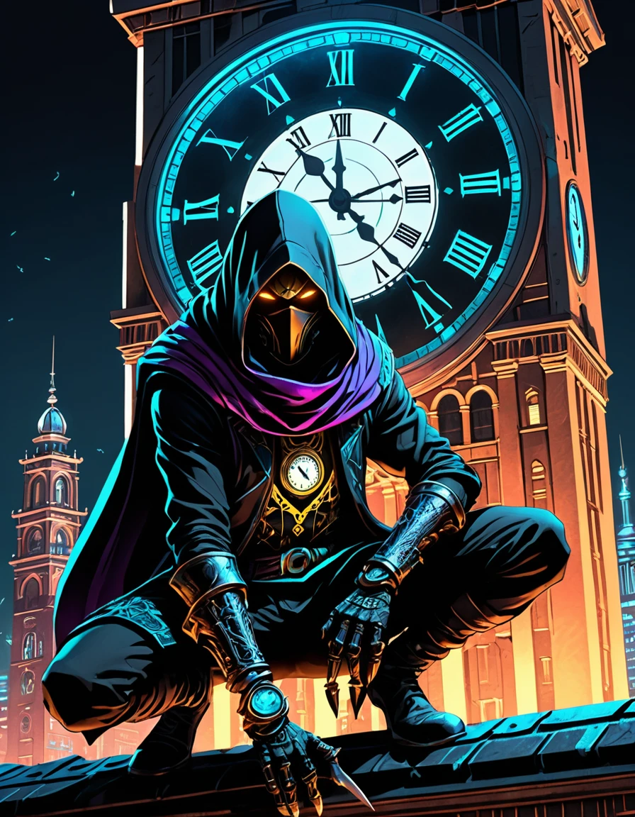 Assasin, A closeup of fantastical image of a assasin false glory, darkness of night fall, Their filled with power and determination, clad in flowing, flowing scarf, wielding an scarf ornate, scarf ornate, as they wield the scarf n a fluid, sword carried behind the body, squatting on the roof of the clock tower building like an assassin, sitting squatting pose, hands touch the ground, squatting all four, action pose, clock tower, from behind view, cyberpunk city, neon city, skindentation, glowing, shiny, scifi, neon lights, intricate artistic color, cinematic light, radiant, vibrant, perfect symmetry, Grayscale, Dramatic spotlight, highly color focused, dynamic motion, very dark,