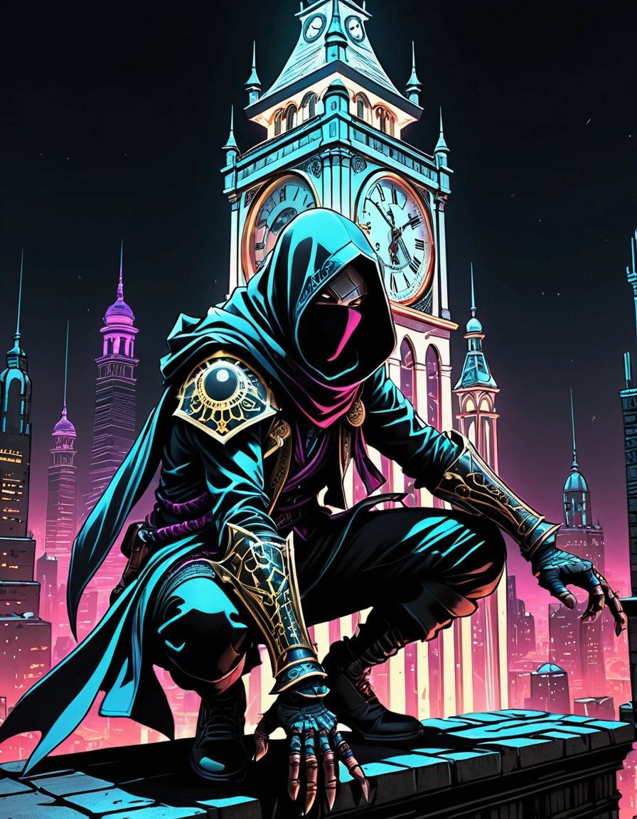 Assasin, A closeup of fantastical image of a assasin false glory, darkness of night fall, Their filled with power and determination, clad in flowing, flowing scarf, wielding an scarf ornate, scarf ornate, as they wield the scarf n a fluid, sword carried behind the body, squatting on the roof of the clock tower building like an assassin, sitting squatting pose, hands touch the ground, squatting all four, action pose, clock tower, from behind view, cyberpunk city, neon city, skindentation, glowing, shiny, scifi, neon lights, intricate artistic color, cinematic light, radiant, vibrant, perfect symmetry, Grayscale, Dramatic spotlight, highly color focused, dynamic motion, very dark,