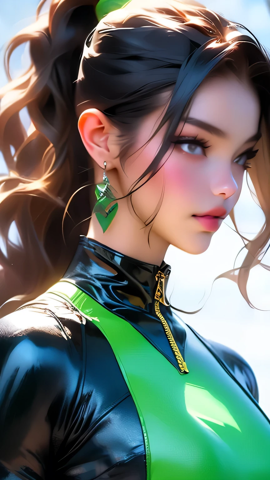 Beautiful woman with good style, (Black latex leotard), detailed, 8k、detailedな顔, detailedな体, detailedな髪, detailedな目で、(Long Wavy Hair:ponytail)、masterpiece, 最high quality, high quality, High resolution, (Jungle Background), (((Face close-up)))、Face close-up