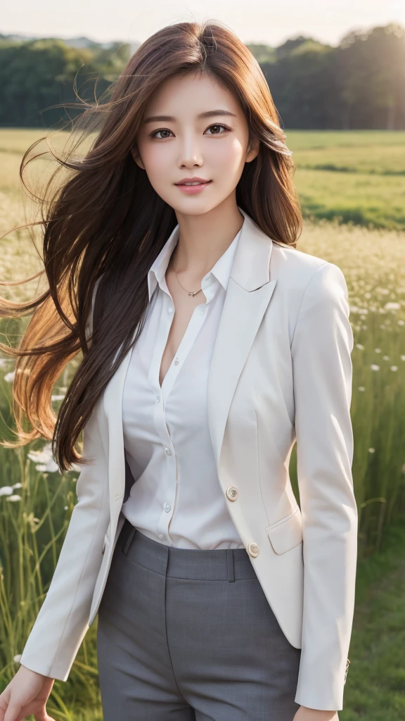 highest quality、genuine、Super detailed、finely、High resolution、8k wallpaper、one beautiful woman、、、light brown disheveled hair、wearing a business suit、sharp focus、perfect dynamic composition、beautiful and detailed eyes、thin hair、Detailed genuine skin texture、smile、model body shape、In a windswept meadow