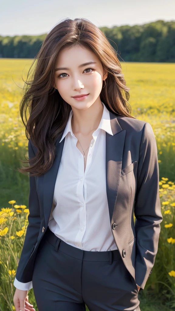 highest quality、genuine、Super detailed、finely、High resolution、8k wallpaper、one beautiful woman、、、light brown disheveled hair、wearing a business suit、sharp focus、perfect dynamic composition、beautiful and detailed eyes、thin hair、Detailed genuine skin texture、smile、model body shape、In a windswept meadow