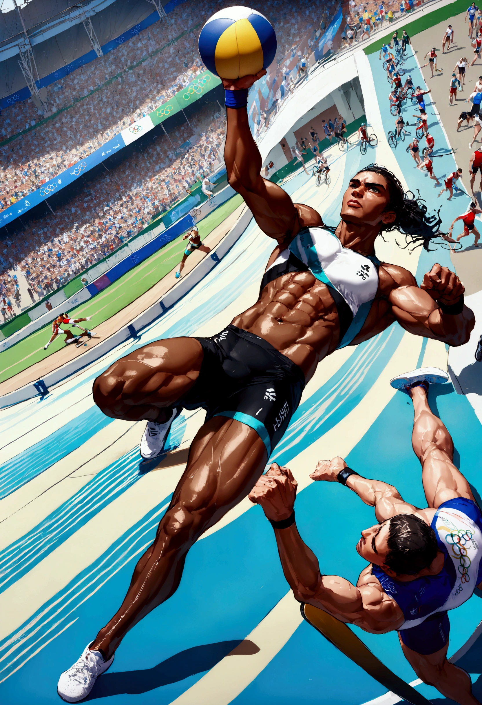 
(commercial poster of Olympic:1.5),quality\(masterpiece, best quality,8k,wallpaper of extremely detailed CG unit,hight resolution,top-quality,top-quality real texture skin,hyper realisitic,increase the resolution,RAW photos,best qualtiy,highly detailed,the wallpaper\), BREAK ,olympic athletes\(ATHLETICS,BASKETBALL,BOXING,CYCLING,FOOTBALL,GOLF,JUDO,MARATHON,RUGBY,SKATEBOARDING,SPORT CLIMBING,SURFING,SWIMMING,VOLLEYBALL,WRESTLING\),(showcase of the athletes:1.3),many human race,many nationality,(muscular),(full body:1.3),dynamic pose,(dynamic angle), BREAK ,background\((logo\(olympic\):1.3),simple, powerful, energetic, impressive\),(from above:1.6),longshot, isometric view