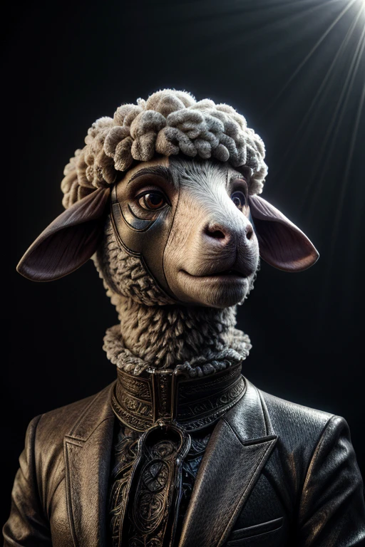 a well-dressed humanoid sheep creature, intricate details, highly realistic, 3D render, studio lighting, octane render, cinematic, dramatic lighting, hyper detailed, photorealistic, masterpiece