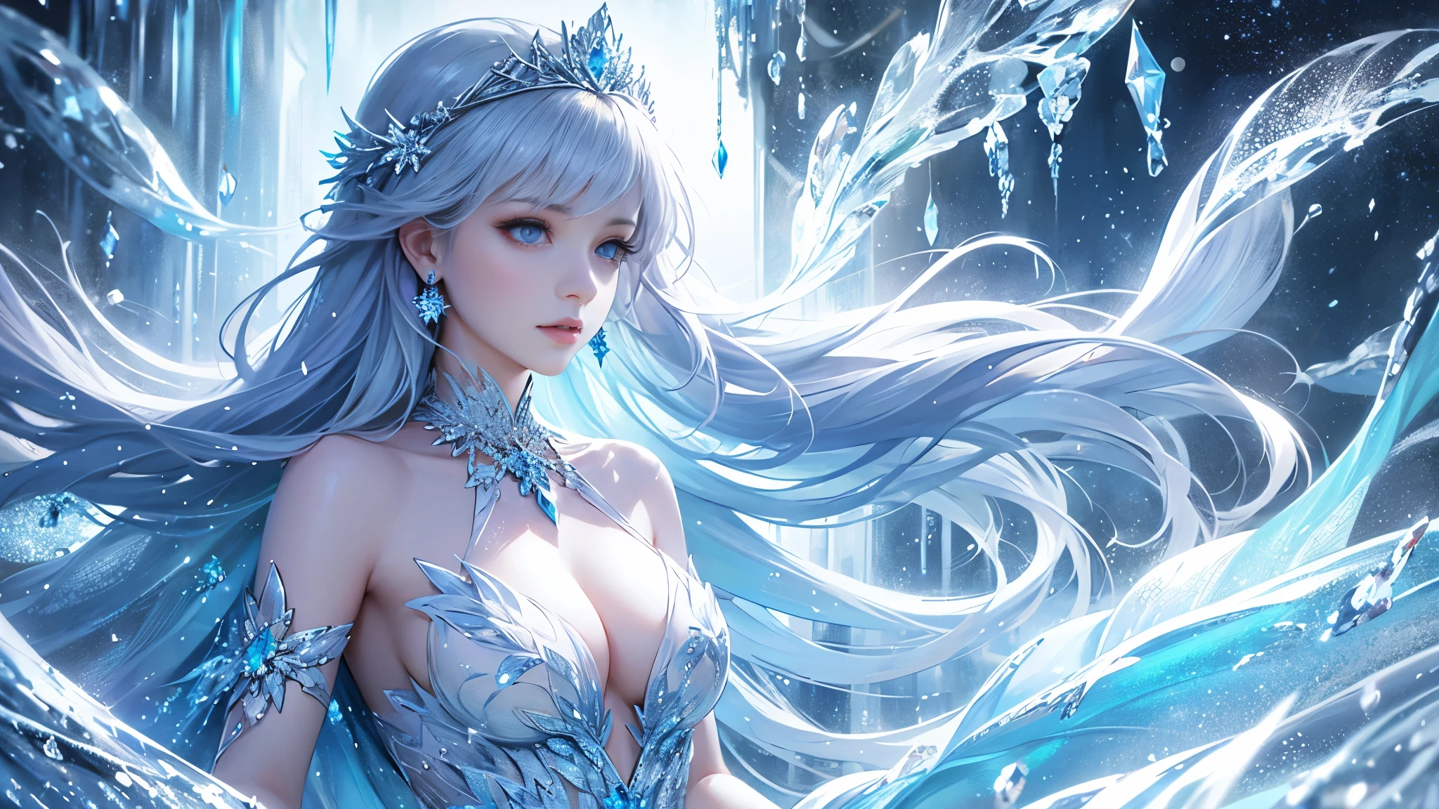 wood, Exquisite mini ice spikes and crystals, Frozen waterfall in the background, Light reflected by ice crystals, Flowing snowflakes.1 girl, Beautiful woman、pretty girl,A realistic person,Beautiful cleavage,Dramatic composition