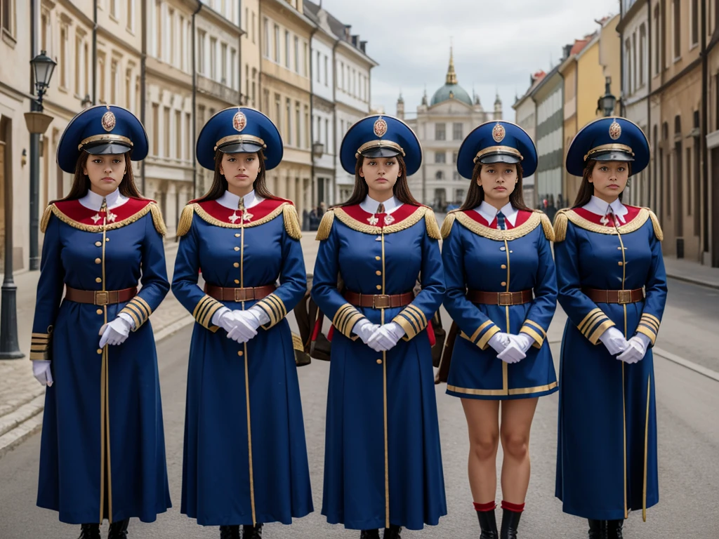 Four women dressed as old-fashioned European honor guards