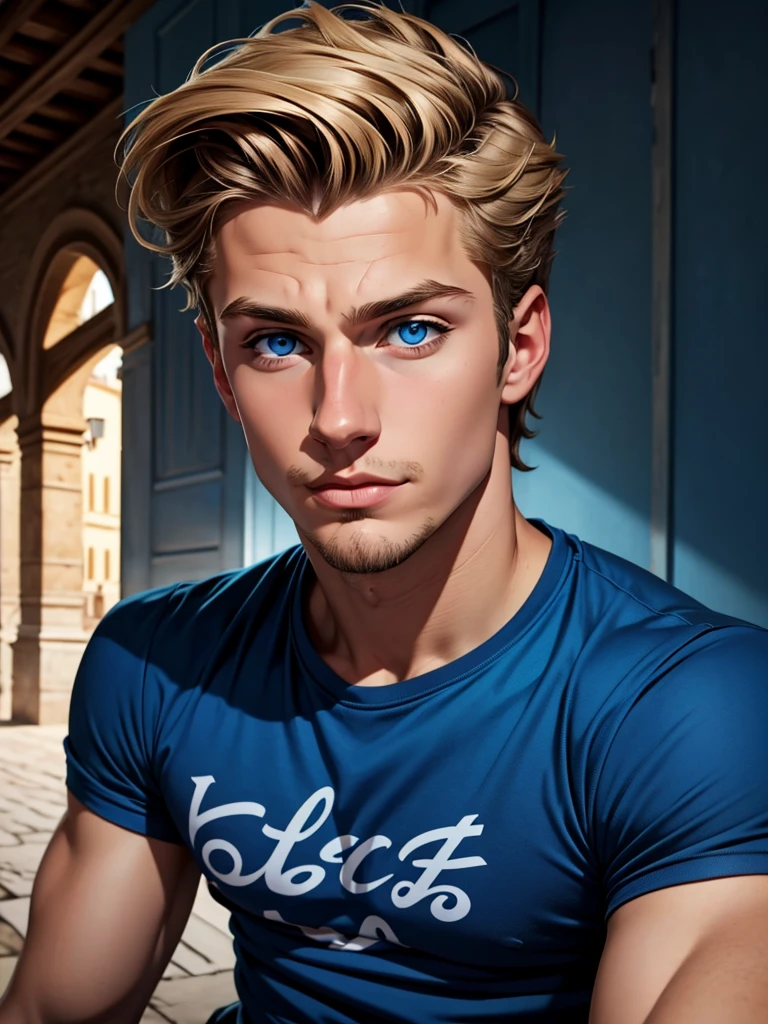 (blond young man), (blue colored eyes), (Caucasian skin), (close no rosto) (thin goatee), (social t-shirt), (italian)
