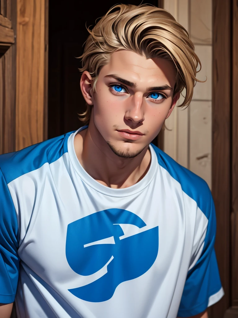 (teenage boy) (dark blonde hair), (blue colored eyes), (Caucasian skin), (close no rosto) (thin goatee), (social t-shirt), (italian)