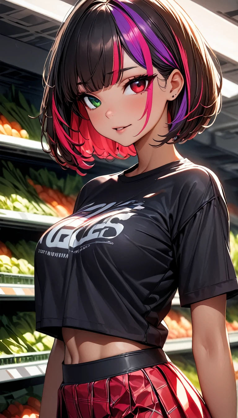 (highest quality:1.2, Very detailed, up to date, Vibrant, Ultra-high resolution, High Contrast, masterpiece:1.2, highest quality, Best aesthetics), Portraiture、girl、solo, (25-years-old:1), slim, , heterrochromia, green eye, red eye, casual wear, shopping in supermarket, Bright colors、Beautiful fine details、Beautiful lip detail、extra short hair, ((bob cut:1.5))、pink and purple, ((streaked hair:1.9)), (highlights hair: 1.6), (small breast:1.3), (tan skin:0.7), cowboy shot:1,