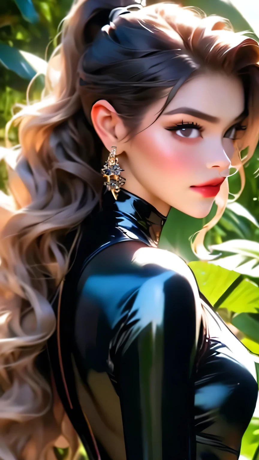 Beautiful woman with good style, (Black latex leotard), detailed, 8k、detailedな顔, detailedな体, detailedな髪, detailedな目で、(Long Wavy Hair:ponytail)、masterpiece, 最high quality, high quality, High resolution, (Jungle Background), (Face close-up)