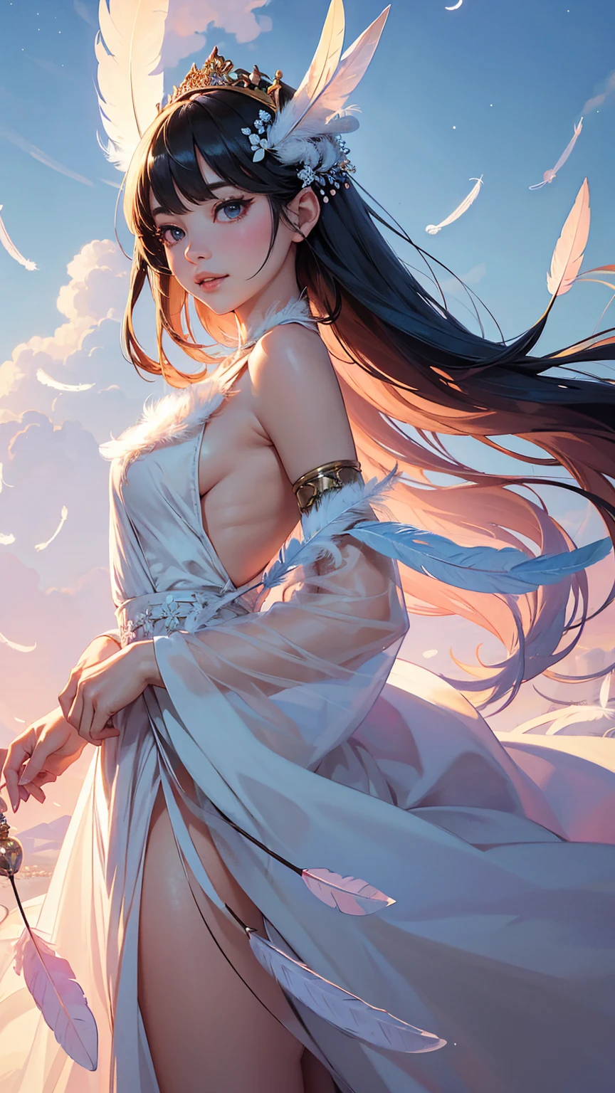 Highest quality,By the best creators,夢のようなbeautiful少女が現れます,Low - Angle,Tilt Up,Big round eyes,alone,Realistic,lips,Tabletop,彼女はbeautifulファンタジーの少女です,Complexbeautiful色彩,Creates a fantastic atmosphere in your work,(Smooth, straight, extra long hair, beautiful,Flowing Hair:1.2),Adorable smile,Amazing fantasy costumes,Full length,Delicate silk,Fluffy feathers blend into the hem of the dress,Subtle details,(Princess Decoration, Pink:1.2),Complex,Detailed,(((Feathers in the sky:1.3))),moving composition,Bokeh,Dutch Angle,Afterimage,Minimalism,A world beyond imagination,Different world,Fairytale scenes,超beautifulファンタジーポートレート