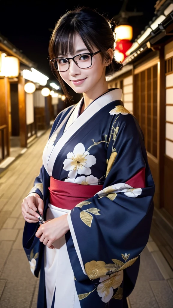 (Super beautiful woman in kimono)、((highest quality、8K masterpiece:1.3))、sharp focus:1.2、(super beautiful face:1.0)、(shiny skin:1.0)、realistic pictures、black hair、video lighting、High resolution eyes and face、video lighting、japanese actress、from the front、big breasts、with a happy smile、Slender abs beauty、whole body、wearing a kimono、in Kyoto、(((luxury obi)))、In Kyoto at night、wearing glasses with no edge、with a fan、Fireworks Display