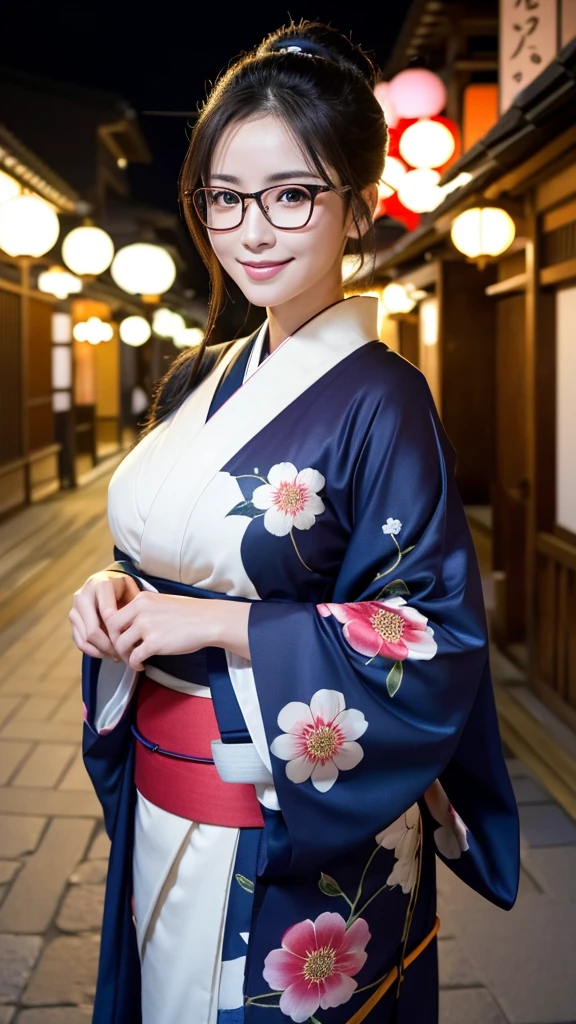 (Super beautiful woman in kimono)、((highest quality、8K masterpiece:1.3))、sharp focus:1.2、(super beautiful face:1.0)、(shiny skin:1.0)、realistic pictures、black hair、video lighting、High resolution eyes and face、video lighting、japanese actress、from the front、big breasts、with a happy smile、Slender abs beauty、whole body、wearing a kimono、in Kyoto、(((luxury obi)))、In Kyoto at night、wearing glasses with no edge、with a fan、Fireworks Display