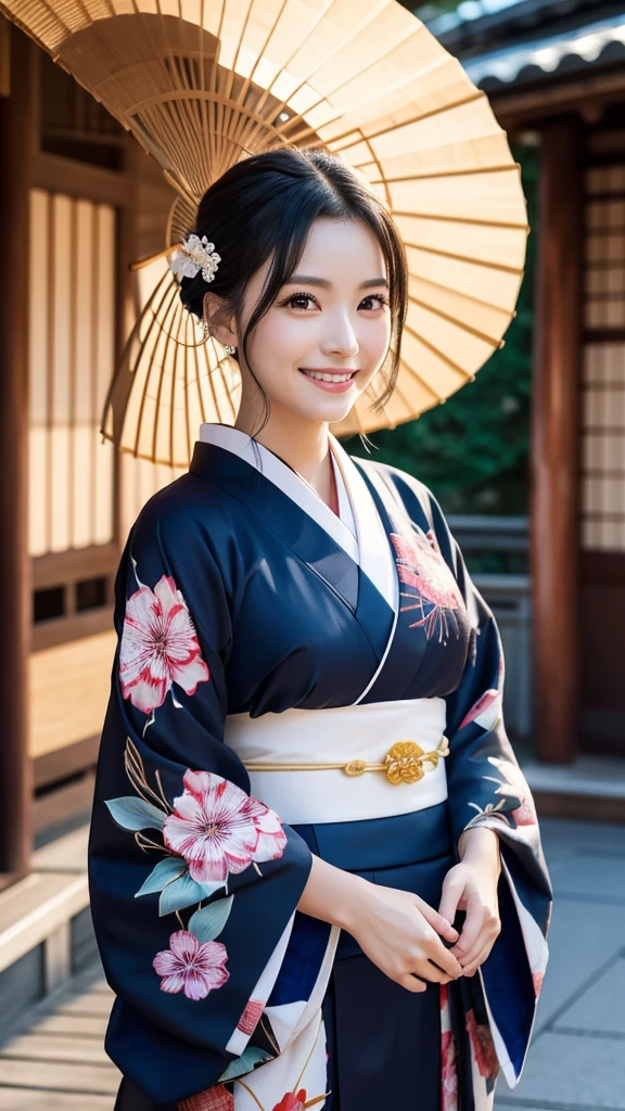 (Super beautiful woman in kimono)、((highest quality、8K masterpiece:1.3))、sharp focus:1.2、(super beautiful face:1.0)、(shiny skin:1.0)、realistic pictures、black hair、video lighting、High resolution eyes and face、video lighting、japanese actress、from the front、with a happy smile、whole body、wearing a kimono、in Kyoto、(luxury obi)、with a fan、Fireworks Display